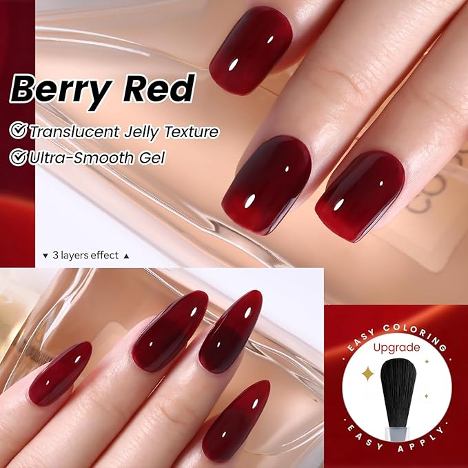 YTD Likomey Gel Nail Polish Set,Berry Red 2 Pcs 15ml Cat Eye Glitter and Translucent Blood Red Set,Fall Winter Magnetic Glitter Nude Neutral Jelly Fall Winter UV Varnish with Magnet Stick,0.5 Fl Oz