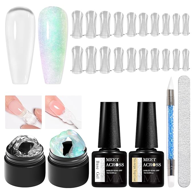 MEET ACROSS All-in-One Extension Mini Kit 2×7ml Non-Sticky Builder Gel Starter Kit WIth Base & Top Coat/Dual-Silicone Pen/Pro File/20-Pc Reusable Dual Forms Salon-Grade Extensions (Clear+Ultra Green)