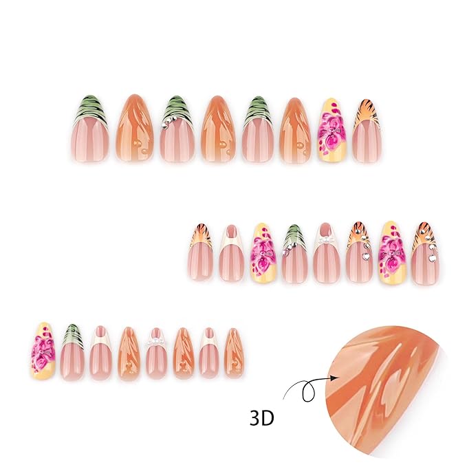 French Tip Press on Nails Medium Almond MABKJLF Fake Nails False Nails with Flower Pearls Rhinestones Tiger stripes Designs Glossy Glue on Nail Full Cover Acrylic Nails for Women Girls 24Pcs