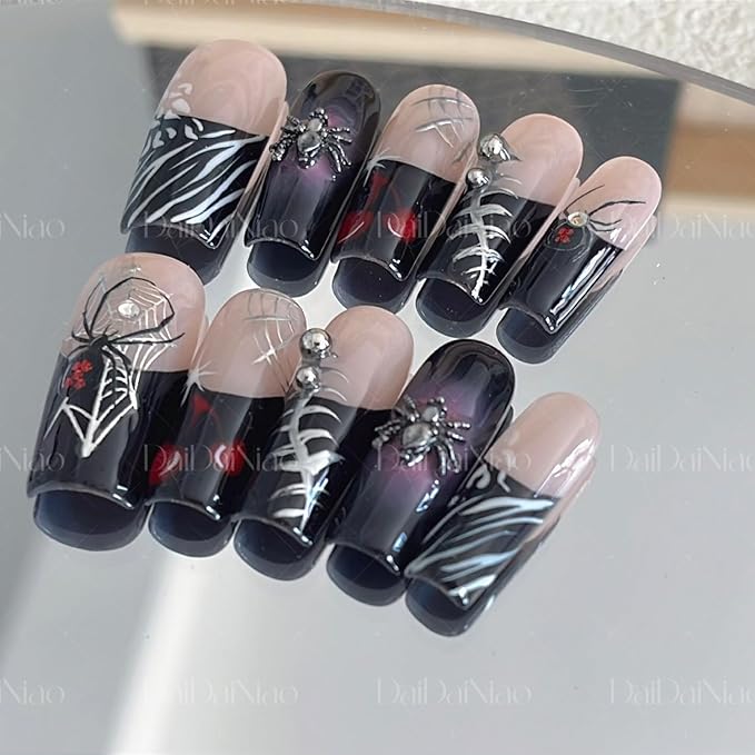 Handmade Press on Nails Spider Web & Spider with Designs Full Covered Halloween Fake Nail Black French Tip Long Square Stick on Nail Full Cover Reusable ABS Material Halloween Nails for Women (S)