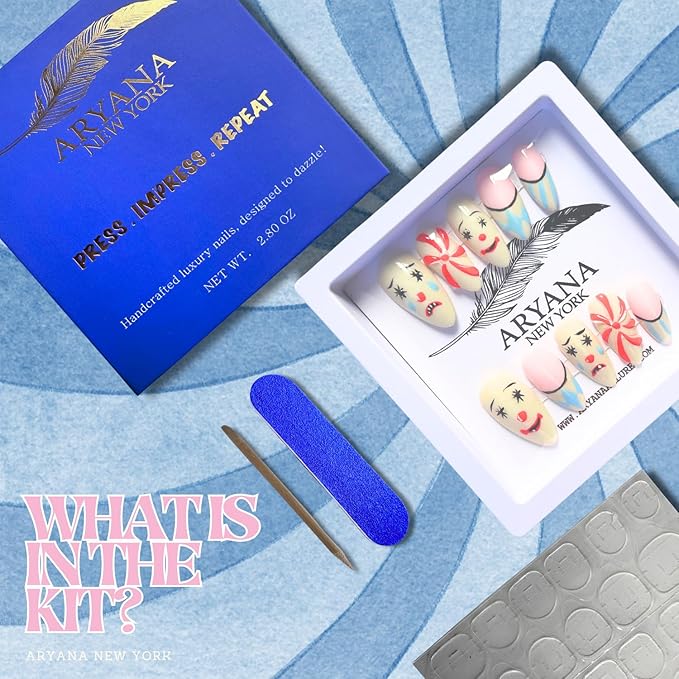 ARYANA NEW YORK Handmade 3D Press-On Nails – Small Almond Shape, French Tip Acrylic Stick-Ons, Cute False Nails for Women – Clown Collection (Small)