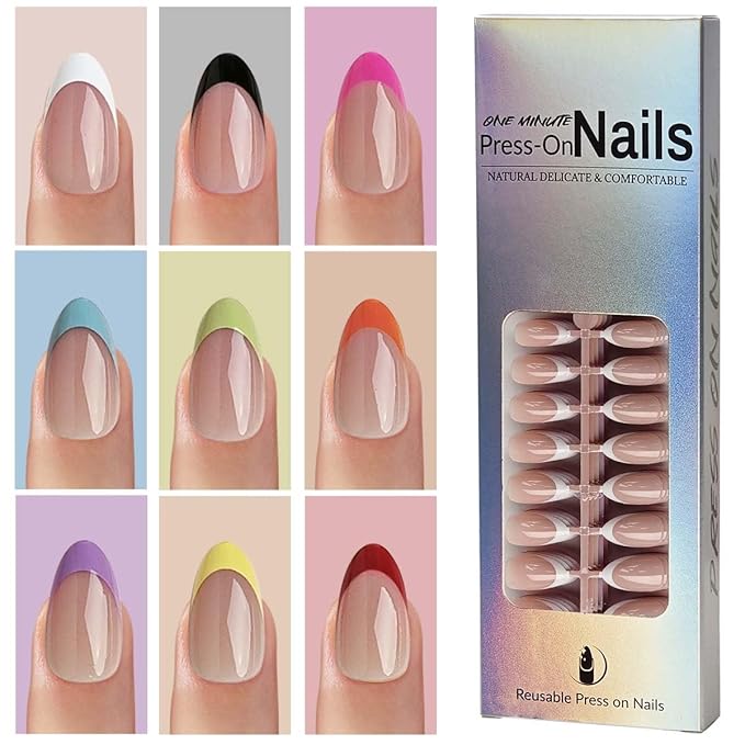 216 Pcs French Tip Press on Nails Meidum Almond Fake Nails 9 Color French Tips Glossy Acrylic Glue On Nails Full Cover Soft Gel False Nail Tips Kit for Women DIY Nail Art Manicure 12 Size