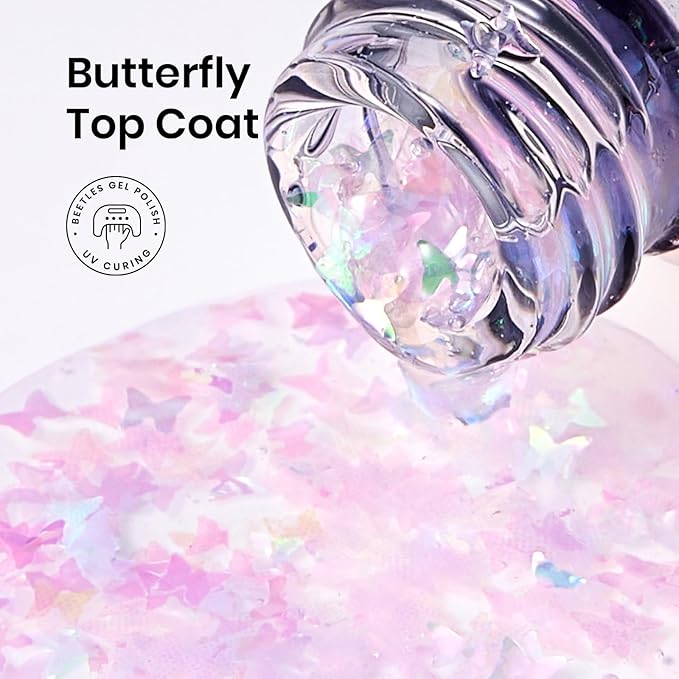 Beetles Glitter Gel Top Coat 15ml - Mirage Butterfly Glitter Shine No Wipe Top Coat Long-Lasting for Gel Polish, Butterfly Sparkle Soak Off UV LED Gift for Women