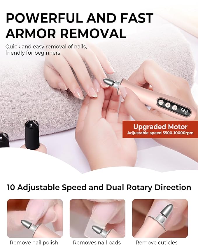 Cordless Nail Drill Electric Nail File, 10-in-1 Manicure Pedicure Kit Nail Grinder Set, 14000 RPM Rechargeable Acrylic Nail Tool, 10 Speeds LED Light LCD Display for Human, Toenails, Home(Pink)