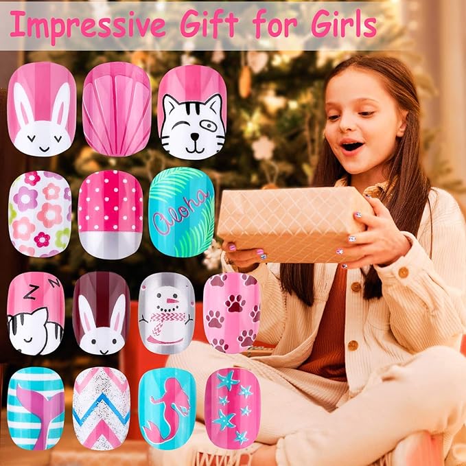 Kids Press on Nails, Thrilez 144Pcs Girls False Nails Children Artificial Fake Nail Tips Pre Glue Stick on Short Nails Decoration Gift for Kids Teens Girls Age 7 12 (Colorful Days)
