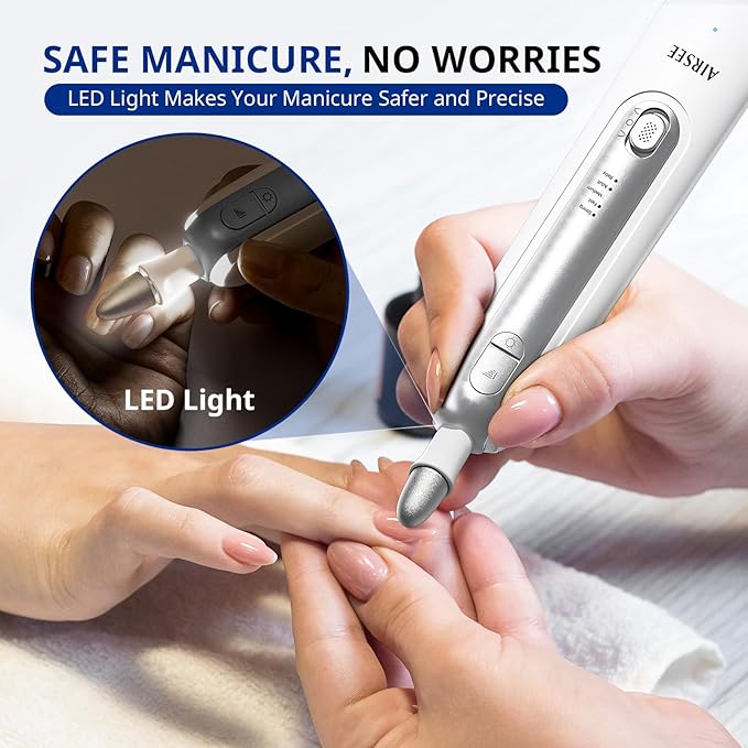 AIRSEE Professional Manicure Pedicure Kit,Cordless 6 in 1 Electric Nail File for feet,5 Speed Rechargeable Pedicure Tools for Thick Nail Toenail Cuticle, Hand Feet Trimmer Buffer for Women Men,White
