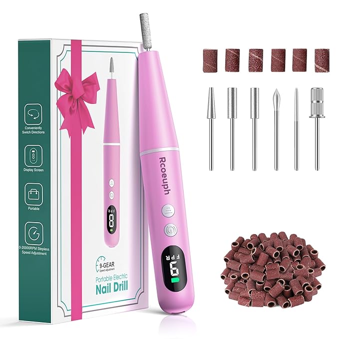 Cordless Nail Drill Kit - 9 Speed Wireless Electric Nail File with LED Display, Portable Nail Drill Machine for Acrylic Gel Nails, Rechargeable 20000RPM Hand Feet Grind Trim Tool for Women Men Baby