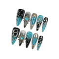 Long Stiletto Press On Nails, Handmade Soft Gel Turquoise & Black Abstract Fake Nails with Unique 3D Ring & Metallic Swirls, Statement Reusable False Nails 10PCS Kit (Size L)