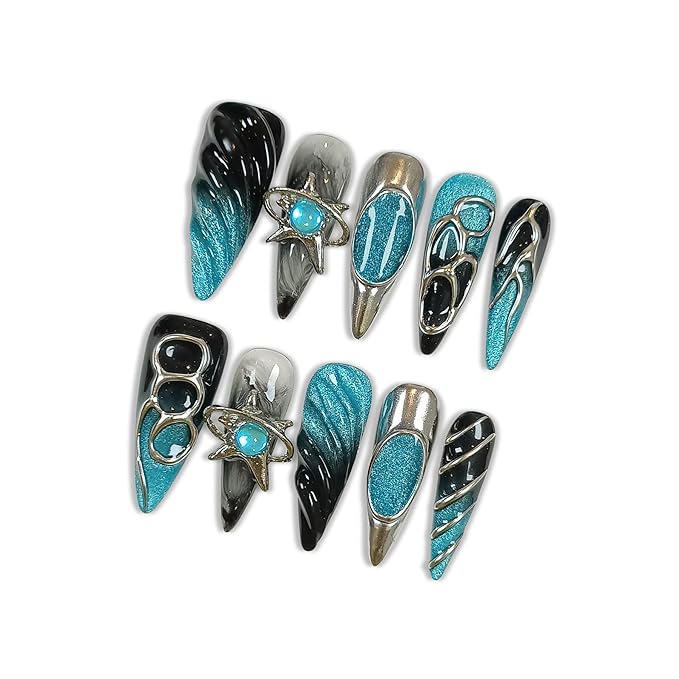 Long Stiletto Press On Nails, Handmade Soft Gel Turquoise & Black Abstract Fake Nails with Unique 3D Ring & Metallic Swirls, Statement Reusable False Nails 10PCS Kit (Size L)