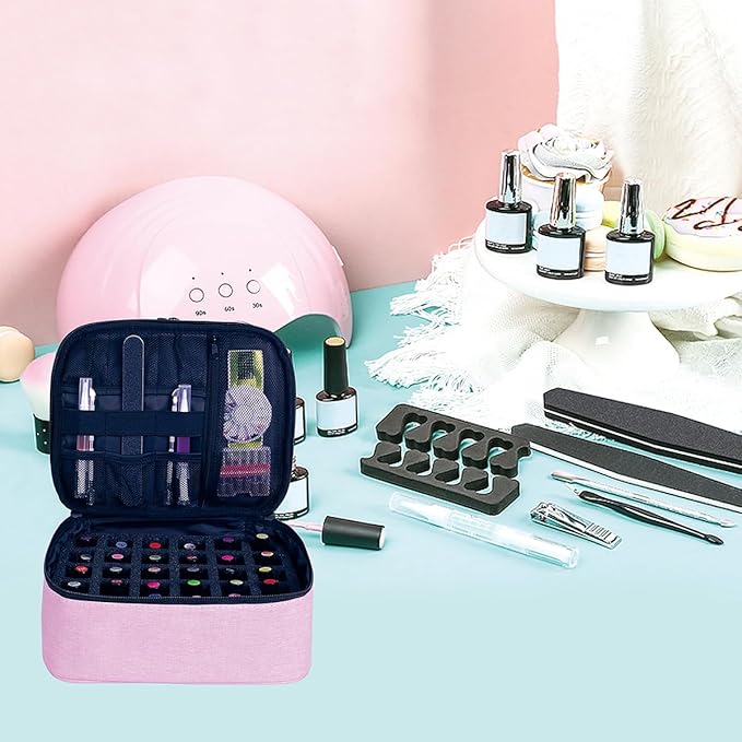 Nail Polish Organizer, Handheld Double Layer Organizer Holds 30 Bottles (15 ml/0.5 floz) with Adjustable Dividers for Nail Polish Small Manicure Lamp Manicure Tools Essential and Travel,Pink