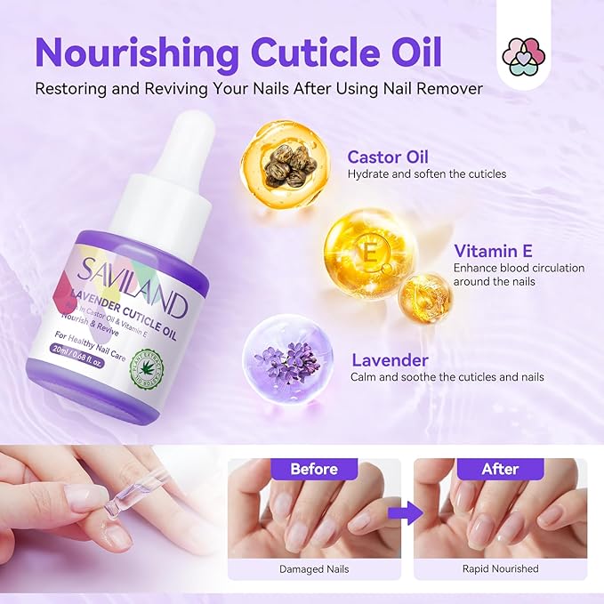 SAVILAND Pure Acetone Nail Polish Remover Kit: 8.45 oz Fingernail Gel Polish Remover Kit with Cuticle Oil, Buffer, Files and Scraper Tools for Quick, Gentle Removal of Acrylic Dip Powder & Gel Nails