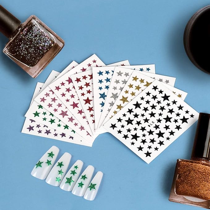 1000pcs 18 Sheets Star Nail Stickers Star Nail Decals Design Nail Supplies 3D Self-Adhesive Nail Colorful Slider Stars Love Stickers Glitter Decoration Heart Nail Stickers Decals for Women Manicure