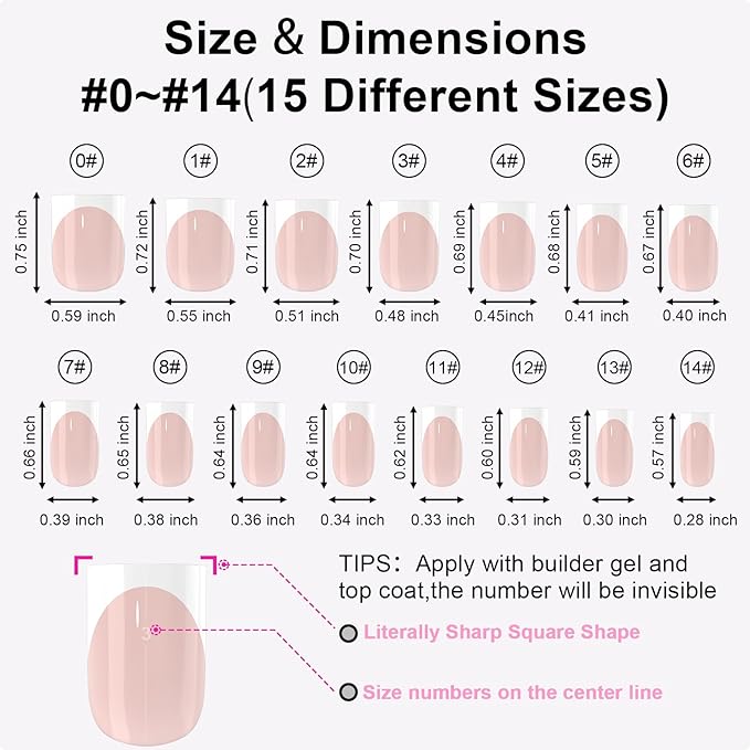 Anyos French Tip Press On Nails-300Pcs Sharp Square Gel Nail Tips,No File Need Tips Pre-Designed,Fake Nails for Nail Art DIY 15Sizes(Deep Nude)