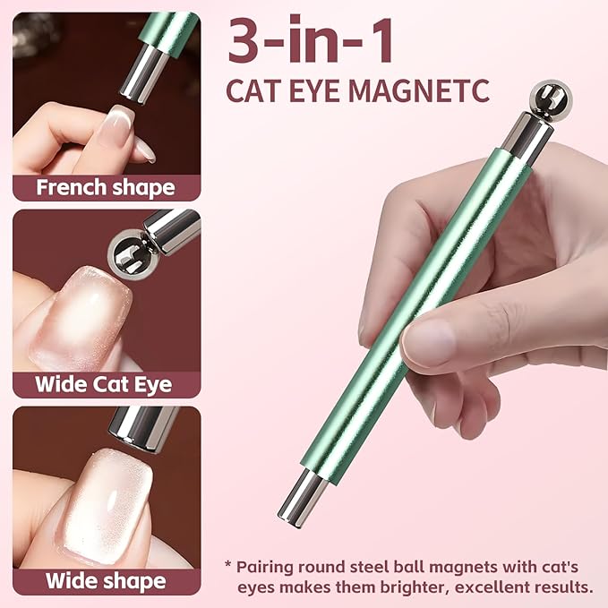 4-Piece Cat Eye Magnet Set – Green Dual-Ended Nail Magnet With Round Bead, Heart Nail Magnets for Nail Art, and Black Magnetic Bead-Pickup Pen, Magnet for Cat Eye Gel Polish DIY Nail Designs