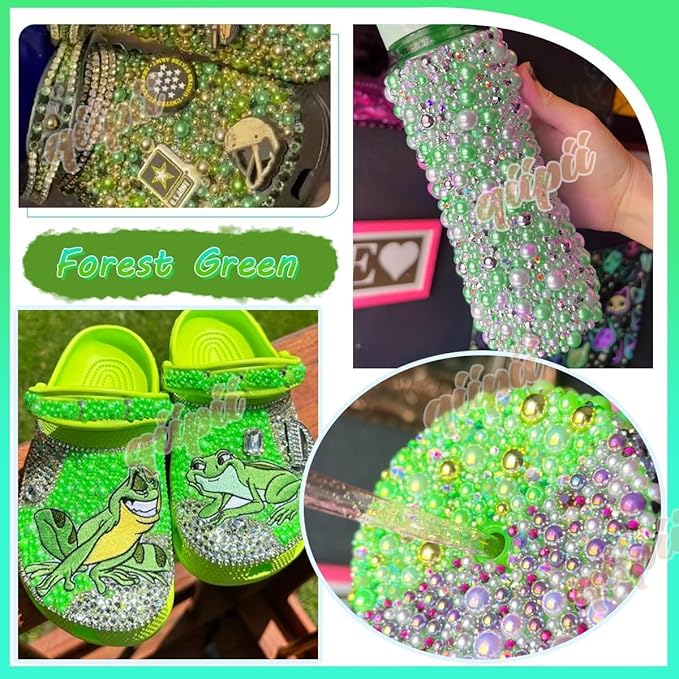 qiiipi 2 Big Boxes Green Resin Pearls and Rhinestones w B7000 Glue for Bedazzling Crafting Flatback Stones Gems Diamonds Half Pearls Bedazzler Kit for Nails Eyes Face Makeup Tumblers Bottles Crafts﻿