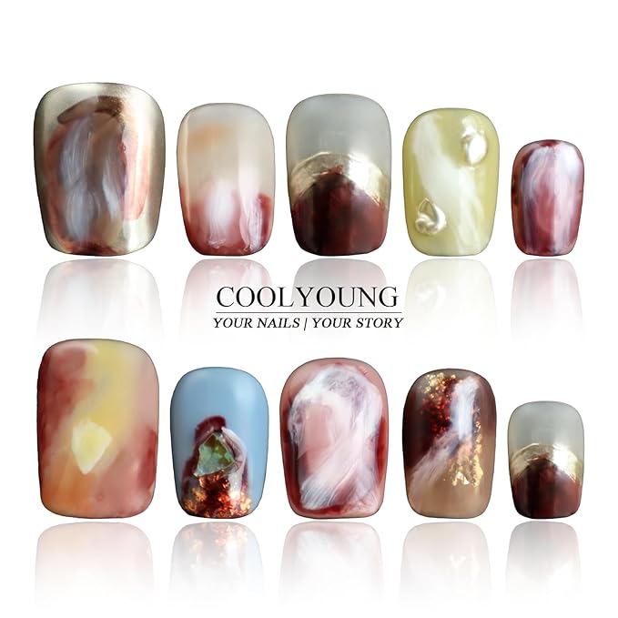 Hand Painted Press On Nails Short Handmade Square Fake Nails Vacation Nails Fake Nails With Designs Ombre 3D Nails Ladies Gifts COOLYOUNG False Nails, 10 PCS, Size L
