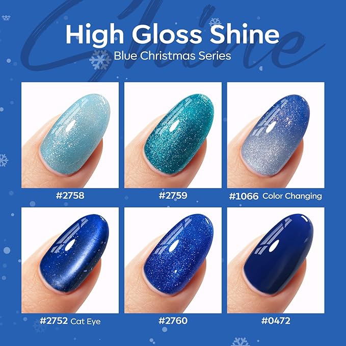 modelones Blue Gel Nail Polish Set, 6 Colors Cat Eye Glitter Color Changing Chameleon Gel Polish Kit with Magnet Snow Stickers Soak Off Led Nail Art Manicure Salon DIY Holiday Gifts