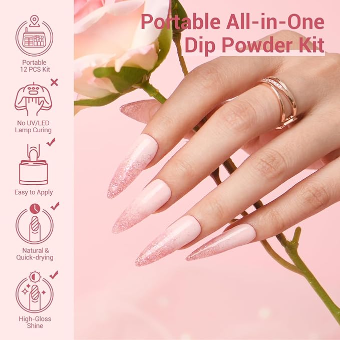 AZUREBEAUTY Dip Powder Nail Kit Starter, 4 Colors Glitter Soft Pink French Nail Art, with Base Coat, Top Coat and Activator Liquid, Suitable for All Seasons, Ideal for DIY Manicure and Salon Use