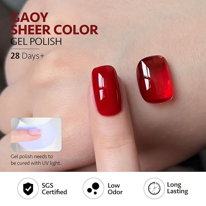 GAOY Jelly Red Black Gel Nail Polish Set, 6 Transparent Colors Green Blue Pink, UV Light Cure Gel Polish Kit for Nail Art DIY at Home