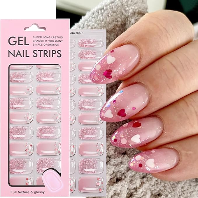 Cute Valentines Day Gel Nail Stickers Gradient Pink Nail Strips Polish Romantic Love with Glitter Designs Full Wraps Gel Nail Strips Cute Heart Nail Decals for Women Manicure Decorations 1 Sheets