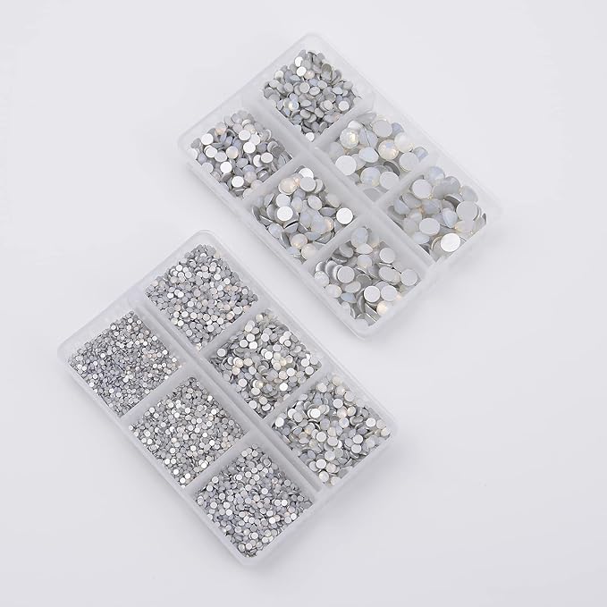 NCB 8000pcs Non Hotfix Rhinestones 10 Sizes Flatback Crystal Glass Rhinestones with Tweezers and Picking Pen for Nail Art Clothes Bags Phone Decorations Crafts DIY (026 White Opal Mix SS3-SS30)