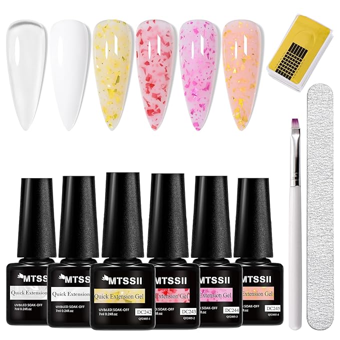 MTSSII Builder Gel for Nails, 6 Colors Hard Gel Polish Extension Kit with 100pcs Nail Forms, Files and Pen Brush Nails Art Manicure Set for DIY at Home