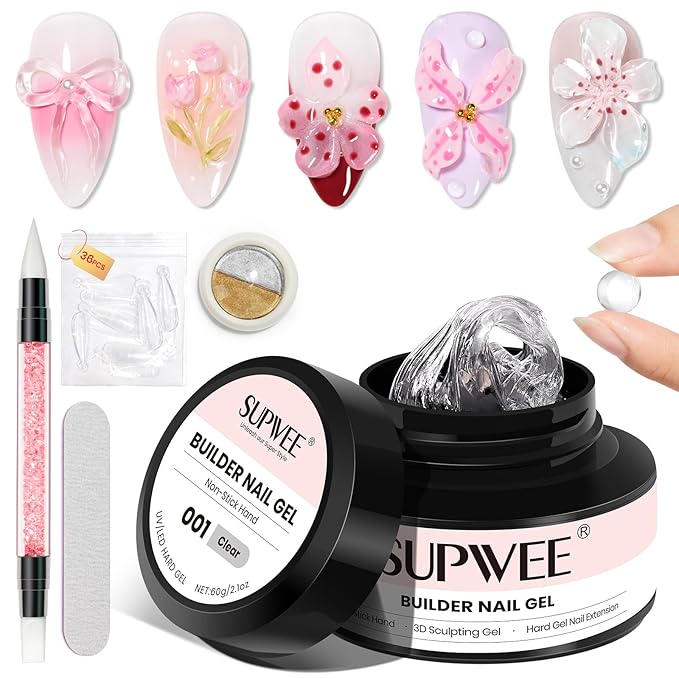 Solid Builder Nail Gel, 60g Large Capacity Clear 3D Nail Sculpting Hard Gel for nails Art Non-Sticky Hand for Carving Extension with Chrome Powder Home DIY Manicure
