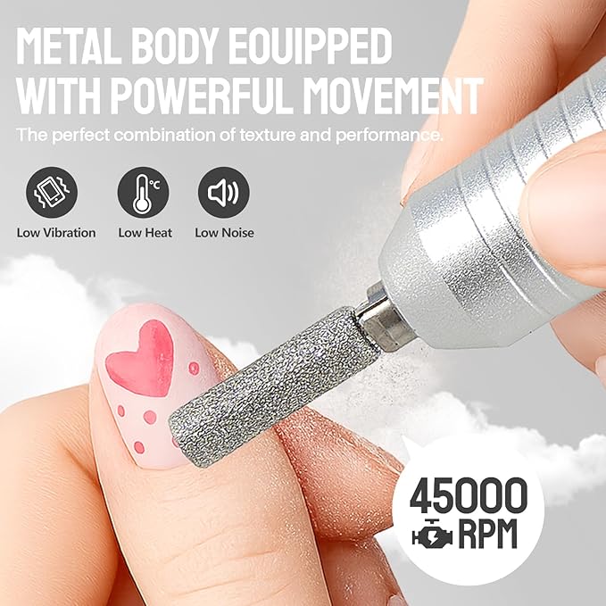 Electric Nail Drill Portable Nail Drill Professional 45000 RPM 6 Salon Quality Drill bits 6 Sanding Bands Portable & Low Noise for Acrylic Nails Gel Polishing Removing Bits Kit for Home Use