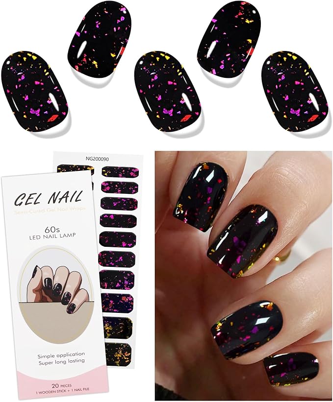 JMEOWIO Gel Nail Stickers Purple Red Black Semi Cured Gel Nail Strips Wraps UV/LED Nails Art Design Decoration Accessories