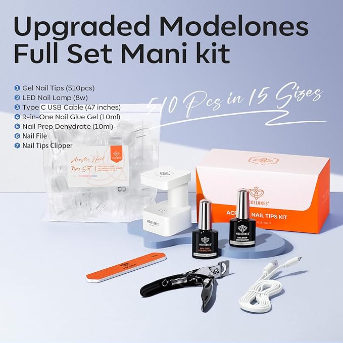 modelones X Nail Gel Kit Short Coffin, Upgrade 510Pcs Fake Nails 15Sizes, 9-in-One Glue Prep Dehydrator & Mini U V Light Clipper, Pre-shaped Half Matte Press on Short Coffin Tips for DIY Salon