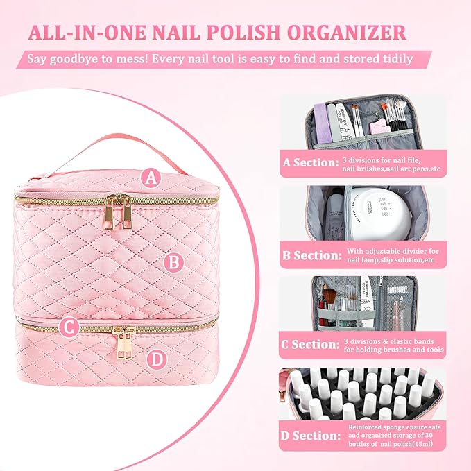 JEWHITENY Nail Polish Organizer Bag Holds 30 Bottles & Nail Lamp,Double-Layer Nail Polish Storage Bag with Adjustable Dividers,Portable Nail Kit Bag For Nail Stuff & Manicure Tools (Pink)
