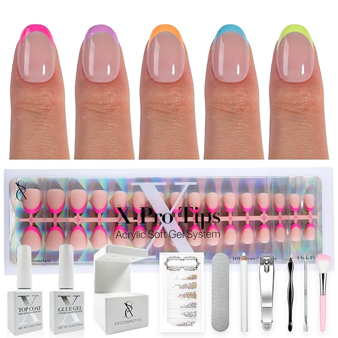 SXC Cosmetics X-Pro Tips French Tip Press On Nails - Bright Pastel Glow in the Dark Series (GLOW118KIT-XS Almond)