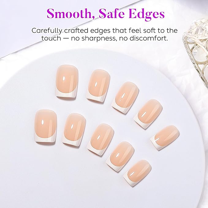 Luxbon Square Press On Nails with No-Cure Nail Glue and Tool Kit – French Manicure Glue On Nails 30-32pcs Full Size Set, Reusable Fake Nails for Women, Salon Look at Home, White