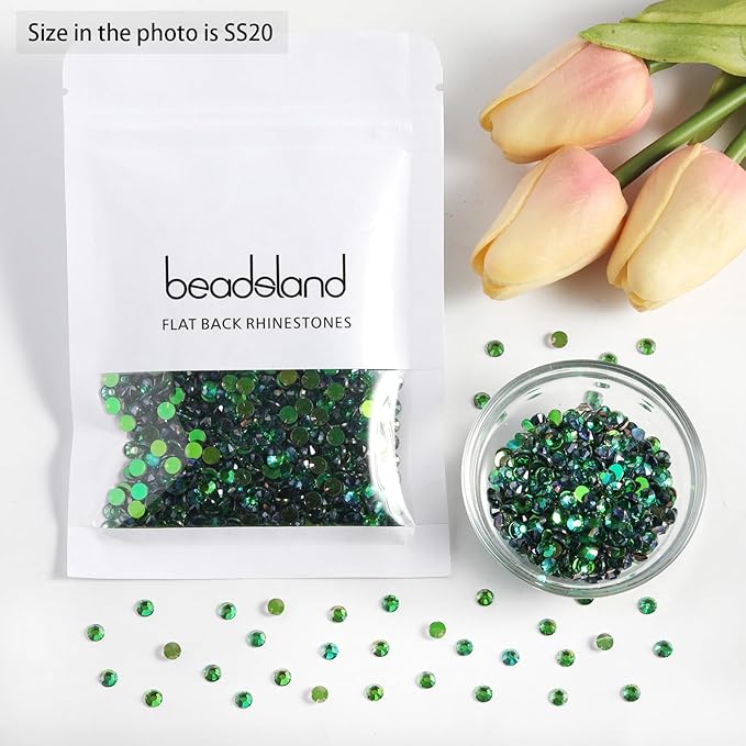 Beadsland 1440pcs Flat Back Crystal Rhinestones Round Gems for Nail Art and Craft Glue Fix, Aurora Green, SS12, 3.0-3.2mm