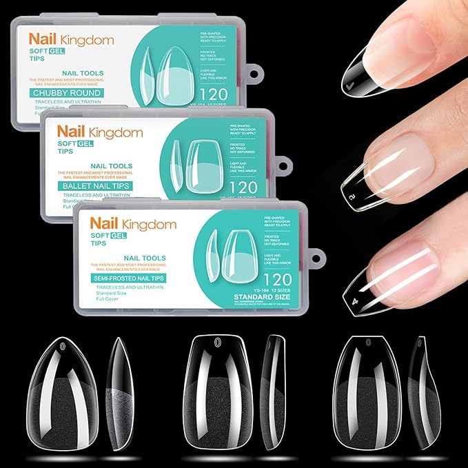 BlueZOO Soft Gel Nail Tips Short Almond Coffin Ballerina Nails Kit, 3 Styles 360PCS Full Cover Half Matte Acrylic Nail Tips,Clear Press On Nails for Extension Nail Manicure Home DIY Salon Fake Nails