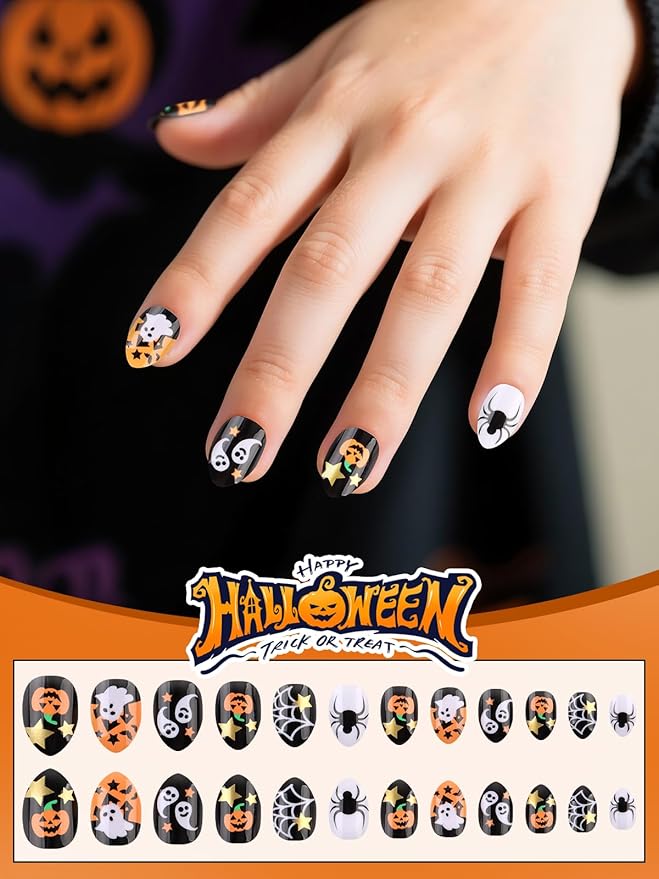 EBANKU Halloween Kid Press on Nails, 24Pcs Almond Fake Nails Kit Full Cover Pumpkin Wed Design Stick on Nail with Nail Glue for Girl