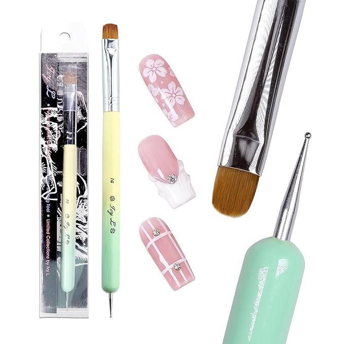 Ivy-L Premium 2 Ways French Gel Acrylic Nail Art Kolinsky Brush with Dotting Tool for Professional Manicure Nail Art Design Cuticle Clean-up + Lime Green Wood Handle (Size 14)