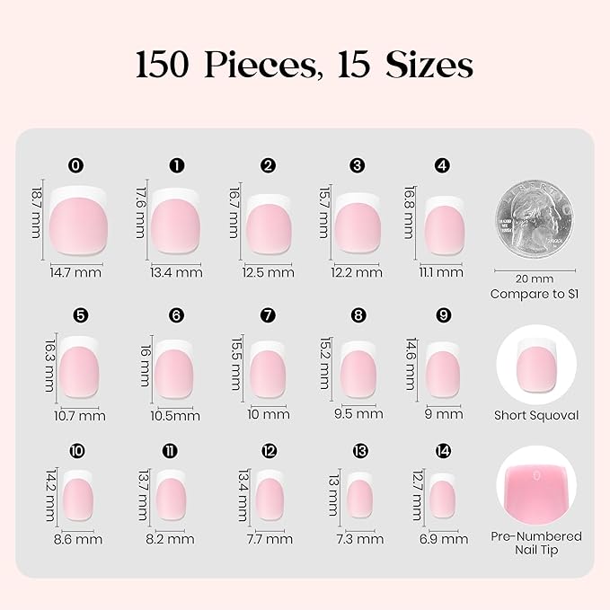Beetles Pre-French Tips Gel Nail Tips - Pink Short Square Press On Nails,15 Sizes 150 Pcs 4 in 1 Nails Tip