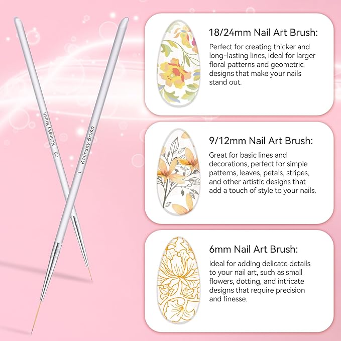 5Pcs Nail Art Liner Brushes Set, Manicure Brush Fine Drawing Thin Lines Painting Details Striping Design For Gel Polish Dotting Pen Transparent Handle Home DIY, 6/9/12/18/24mm