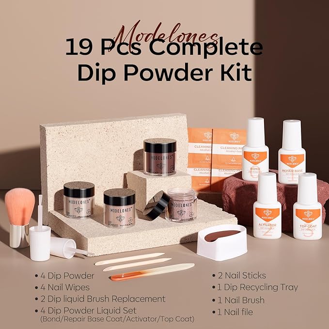 Modelones Dip Powder Nail Kit, 4 Colors Brown Glitter Dipping Starter Set with Liquid and Complete Accessories for French Nails Art Salon DIY at Home Manicure