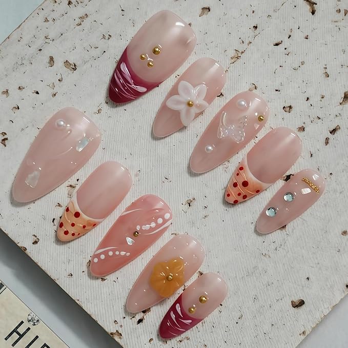 Light Pink Press On Nails - Medium Almond Handmade 3D Floral Gradient Color with Water Drop Butterfly Decor & Seashell,Hand-painted French Tip for Spring Summer (Hand Painting,S)