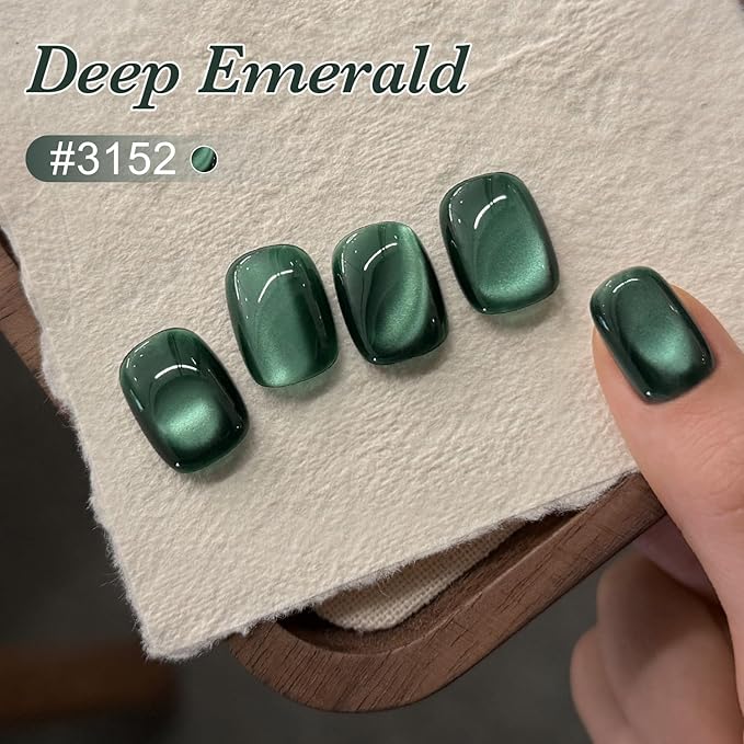 GAOY Jelly Green Cat Eye Gel Nail Polish, 16ml Glitter Holographic Nail Polish with Magnet, Reflective Translucent UV Gel, 3152 Deep Emerald