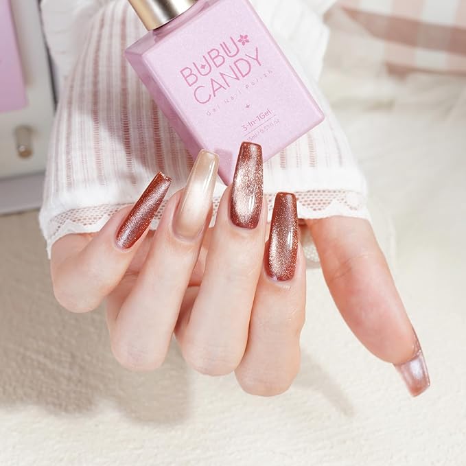 6Pcs One step Cateye Gel Nail Polish Set Valentine's Day gift DIY at home are Gold Brown Yellow For Holiday Party Sparkle Manicure Kit Soak off Uv Nail Art Design Gifts for Women