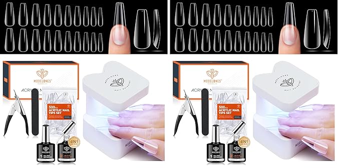 modelones Gel Nail Kit, Fake Nails Long Coffin, 9-in-One Glue Prep Dehydrator & Portable Mini U V Light Acrylic Clipper, 500Pcs Coffin Tips for Extension Kit DIY Salon Home Gifts for Women (Pack of 2)