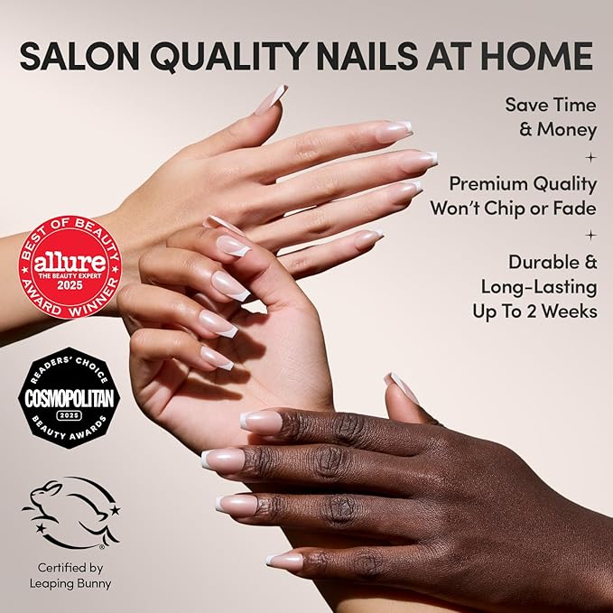 Glamnetic Press On Nails - Pearl Glaze | Medium Coffin White French Tip Fake Nails, Salon Quality French Manicure | 15 Sizes - 30 Nail Kit with Glue