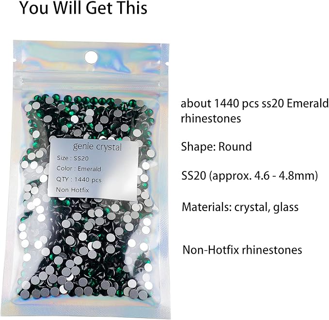 ss20 Emerald Glass Rhinestones 1440 Pcs Pack, 5mm Dark Green Flatback Rhinestone for Bling Tumbler, Shoes, Dance Costumes, Nail Art,Glitter Decoration