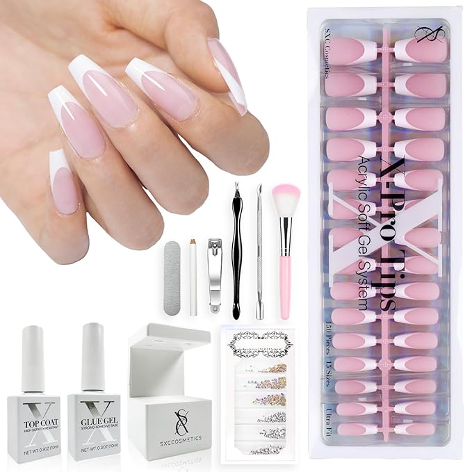 SXC Cosmetics French Tip Press On Nails Pink Series, Medium Coffin X-Pro Tips Starter Kit
