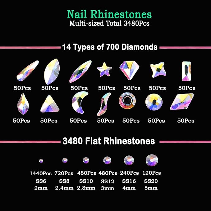 Nail Rhinestones Kit,Crystal Rhinestones for Nail Decoration Nail Art Supplies,Glass Gems Stones for Nail DIY Crafts Clothes Shoes Jewelry(700 Diamonds + 3480 Flat Rhinestones),Iridescent AB