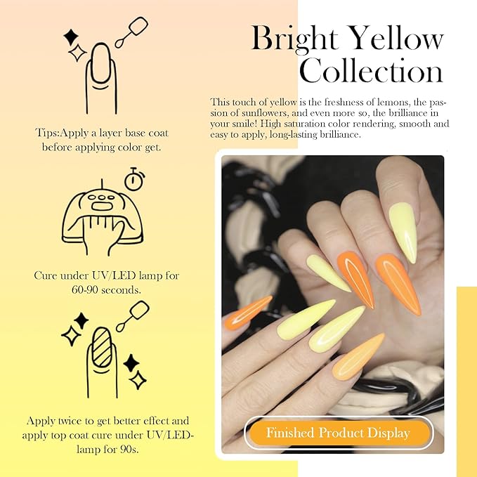 6pcs 15ml Hema Free Tpo Free Yellow Gel Nail Polish Soak Off UV/LED Gel Polish Set Yellow Nail Art Set for Women, Professional Salon DIY Manicure Kit with High Pigment & Long Lasting Effect D