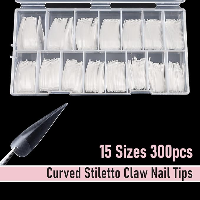 300 Pcs Long Curved Stiletto Nail Tips Full Cover Eagle Claw Press on Nails, XXL Dragon Claw Sculptural Fake Acrylic Nails Cat Claw False Nail Tips for Nail Art Design 15 Sizes Q44